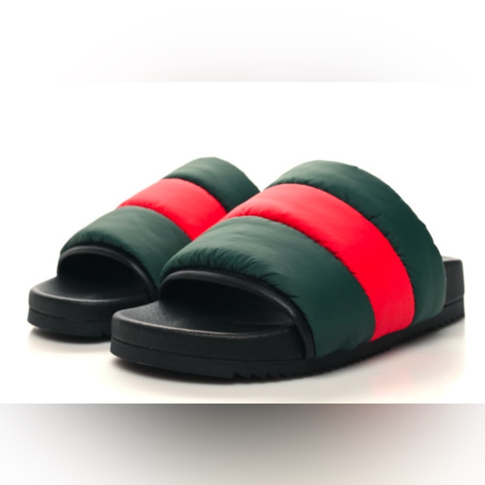 CONSIGNED-
GUCCI Nylon Web Womens Slide Sandals 37 (7) Black Green Red